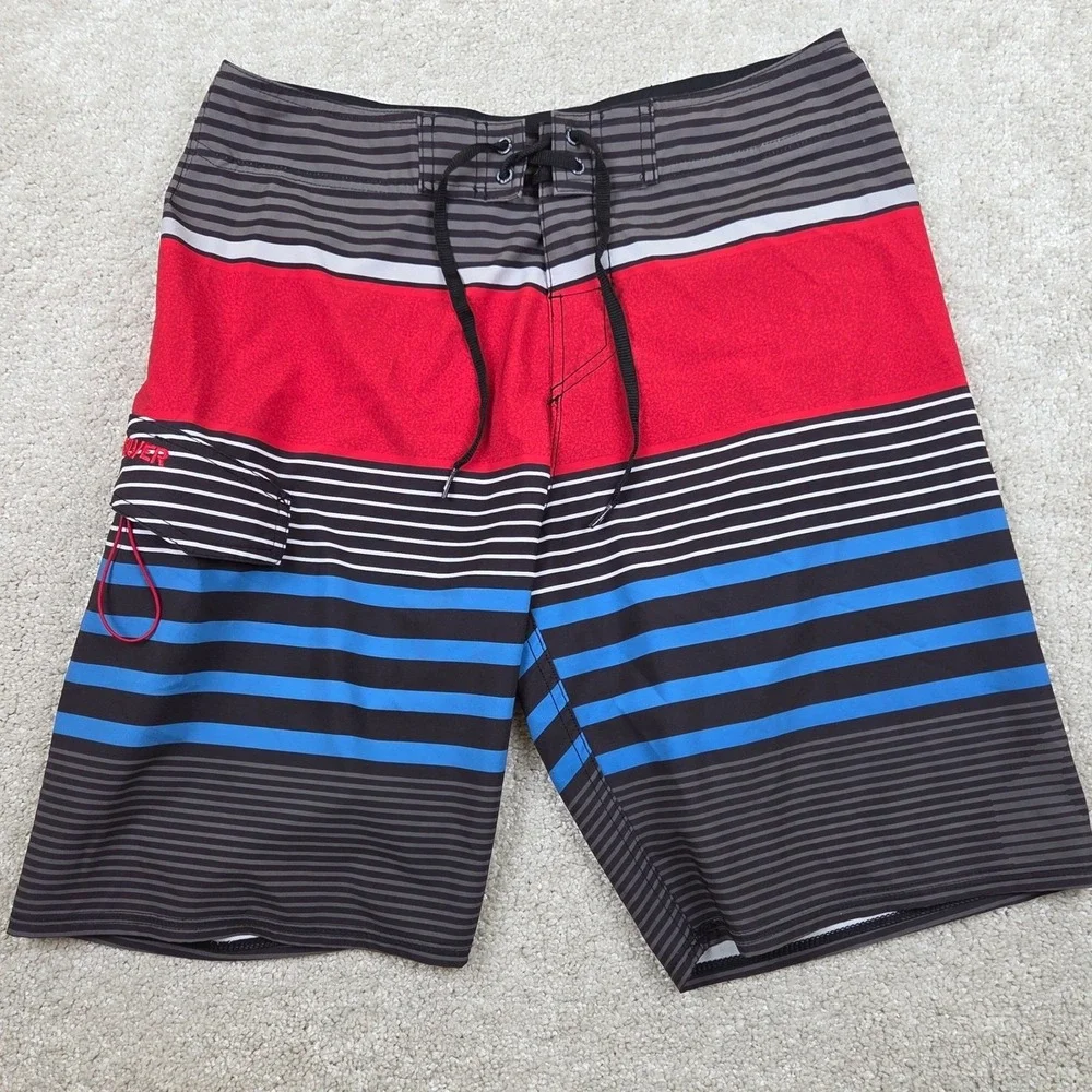Quiksilver‎ Mays Hayes Board Shorts Mens 32 Black Red Blue Striped Swim Trunks